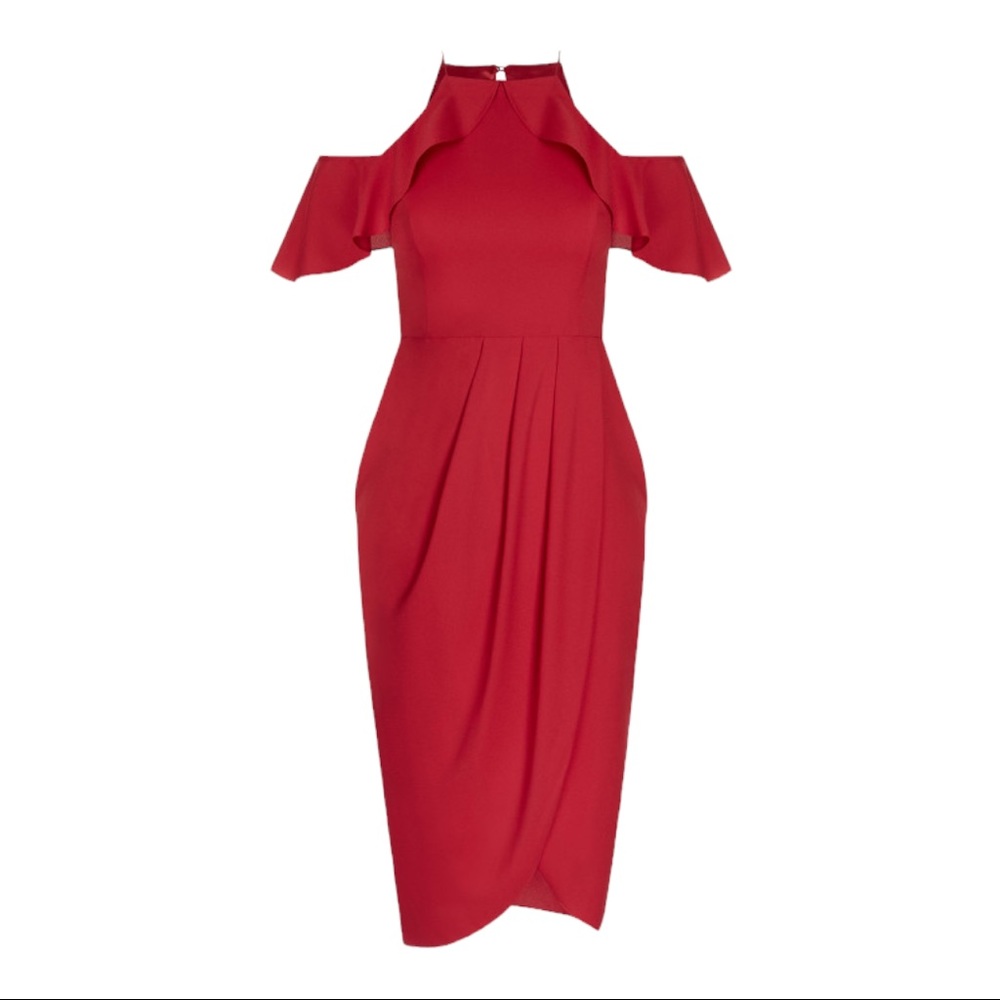 NWT-City Chic Love Siren Red Lined Off-Shoulder Ruffled Halter Faux Wrap-L (20)